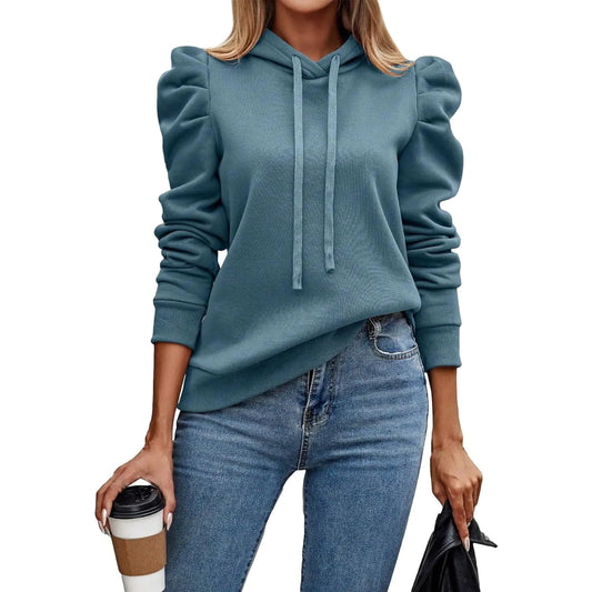 Hoodies for Women Drawstring Puff Long Sleeve Sweatshirt Casual Loose Fit Hooded Neck Pullover Fashion Tunic Top Wear with Legging Boxy Fall Outfits 2024 Sweatshirt(A-Sky BlueXX-Large)