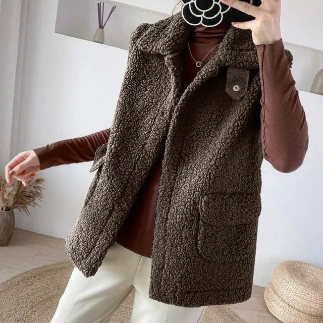 Korean Women's Sleeveless Plush Thermal Polo Vest